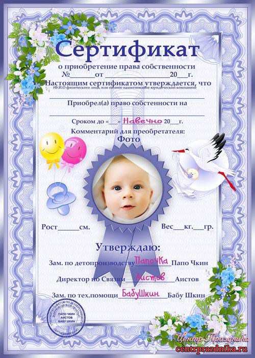 Праздничный шуточный сертификат на приобретение права на новорожденного