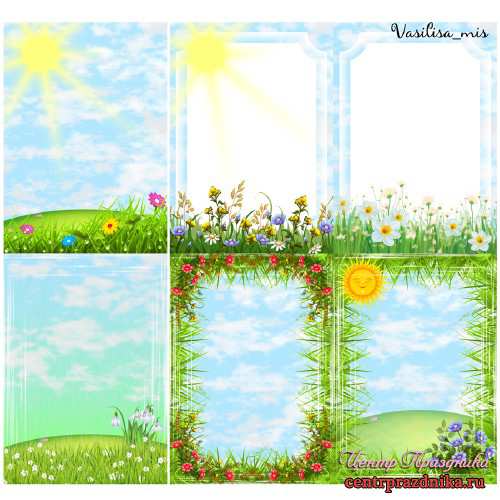 Весенние фоны для оформления  с солнцем, облаками,цветами и травой