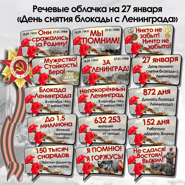 Речевые облачка на 27 января день снятия блокады с Ленинграда / Скачать и распечатать 15 речевых облачков ко дню снятия блокады Ленинграда (формат А4)